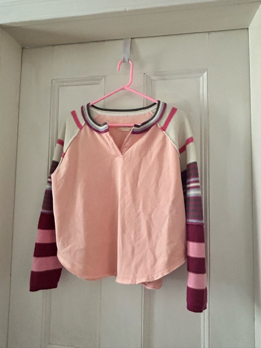 We The Free Blush Pink Terry Raglan Sweatshirt with Cream Trim